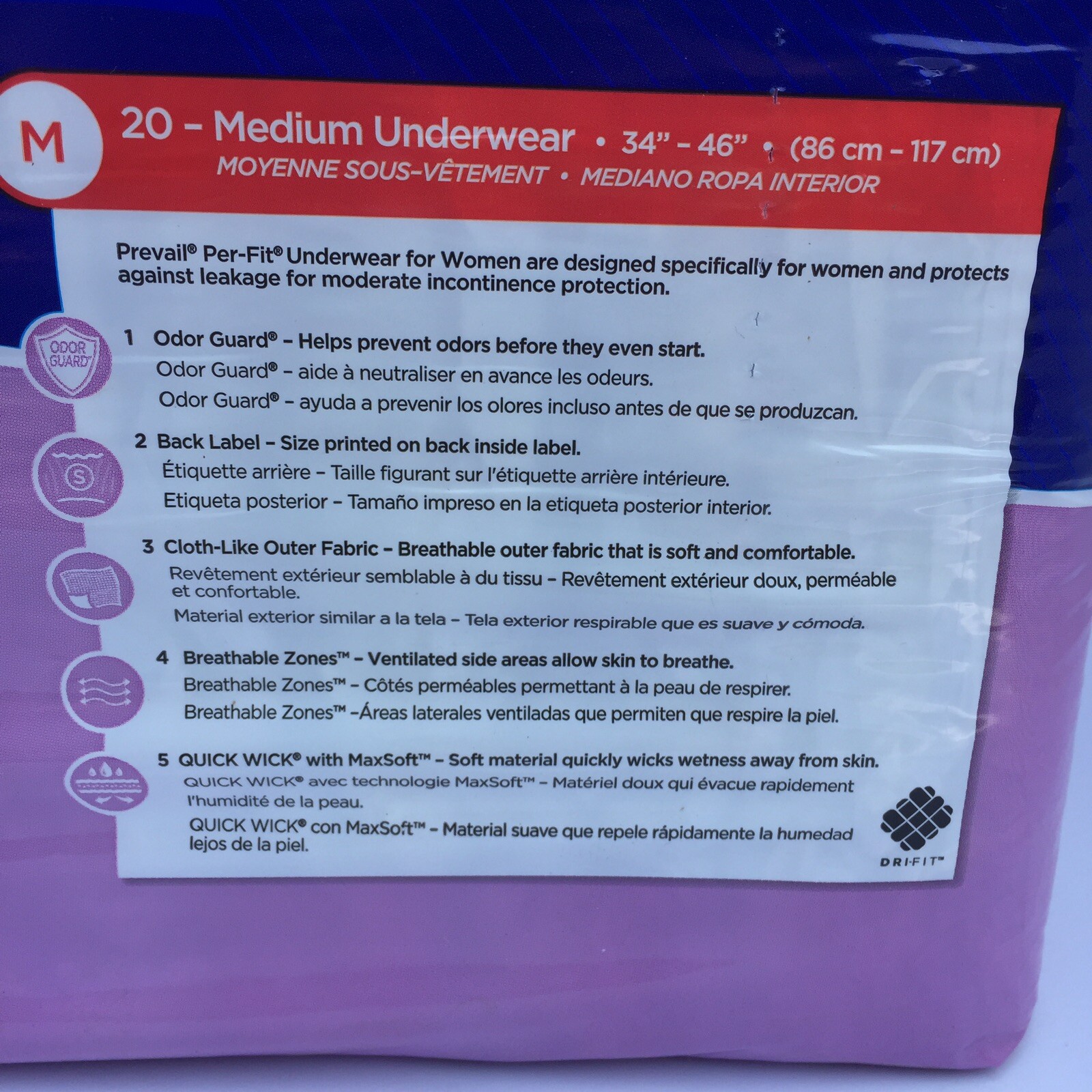 Prevail Per-Fit Women Protective Underwear Medium 34”-46” MOD ABSORB-20/Bag