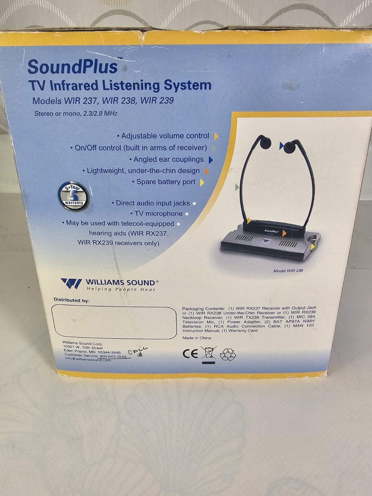 SoundPlus TV Infrared Listening System Model WIR 238 Under-the-Chin Receiver