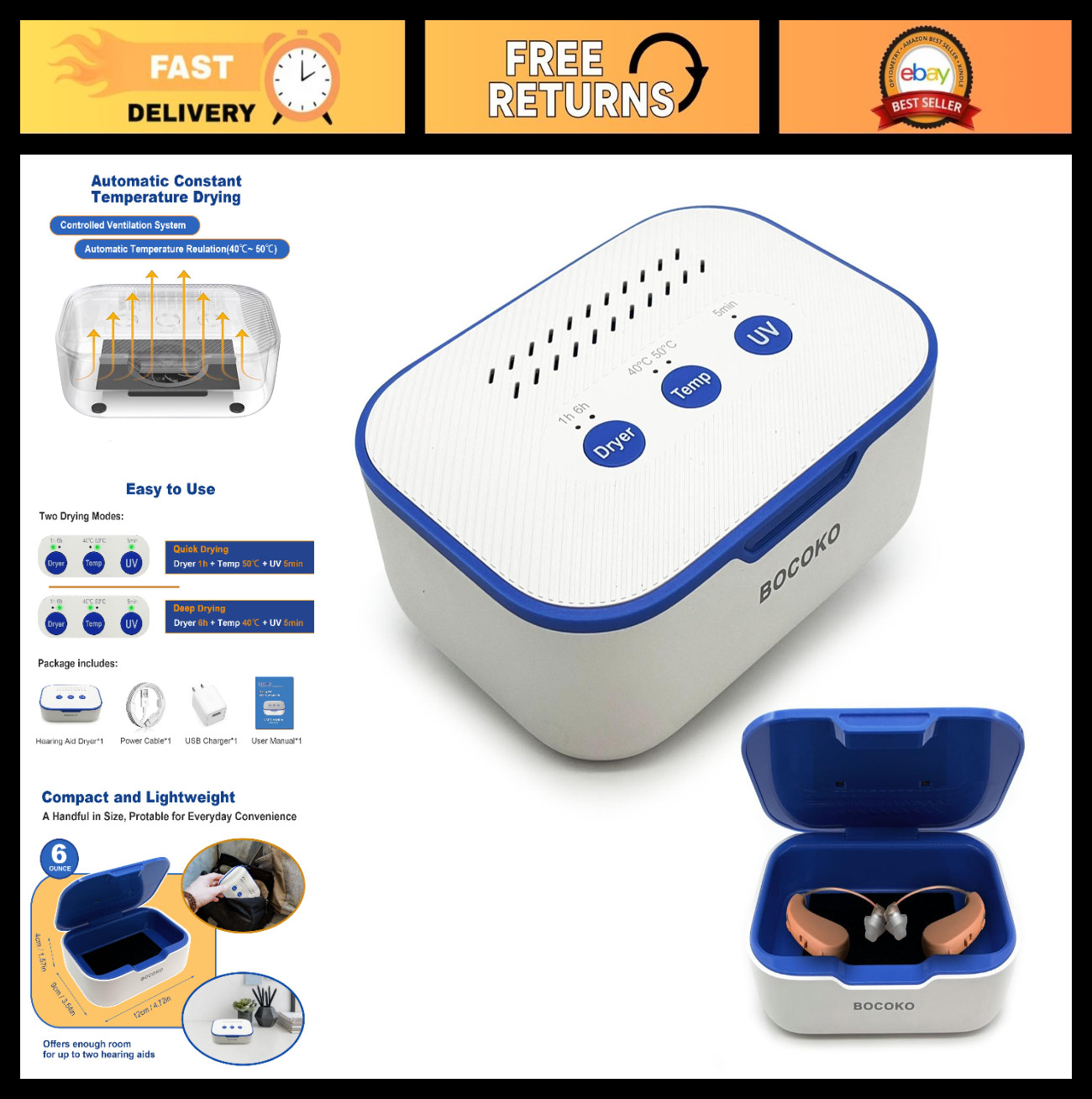 Automatic UV Hearing Aid Dehumidifier Dryer Case – Removes Sweat & Moisture