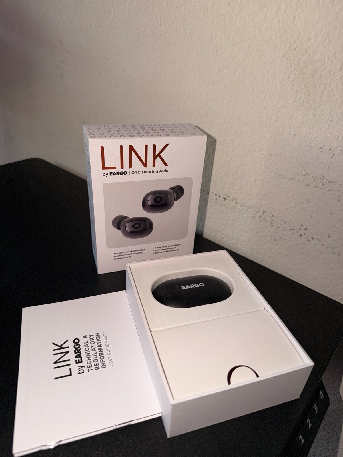Eargo LINK Rechargeable ITE Hearing Aids, Bluetooth ANC, Charging Case, Black