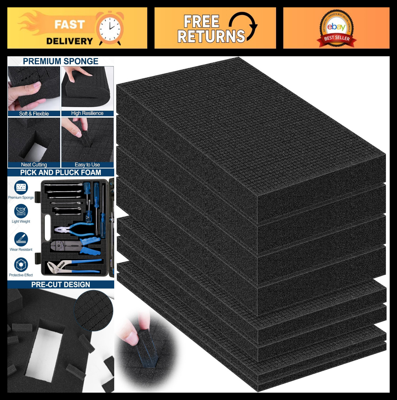 8 Pcs Pick and Pluck Foam Inserts – Customizable Foam Sheets for Cases, Toolboxe