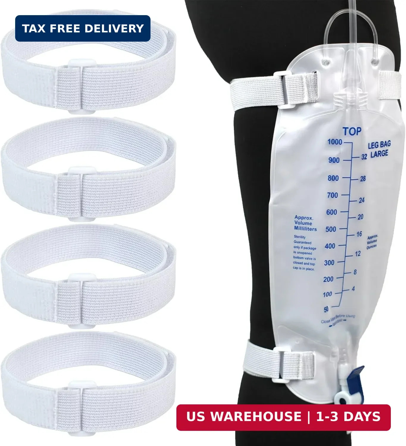 4 Packs Leg Bag Straps(White), Buckle-Type Hook and Loop Strap,Urine Drainage Ba