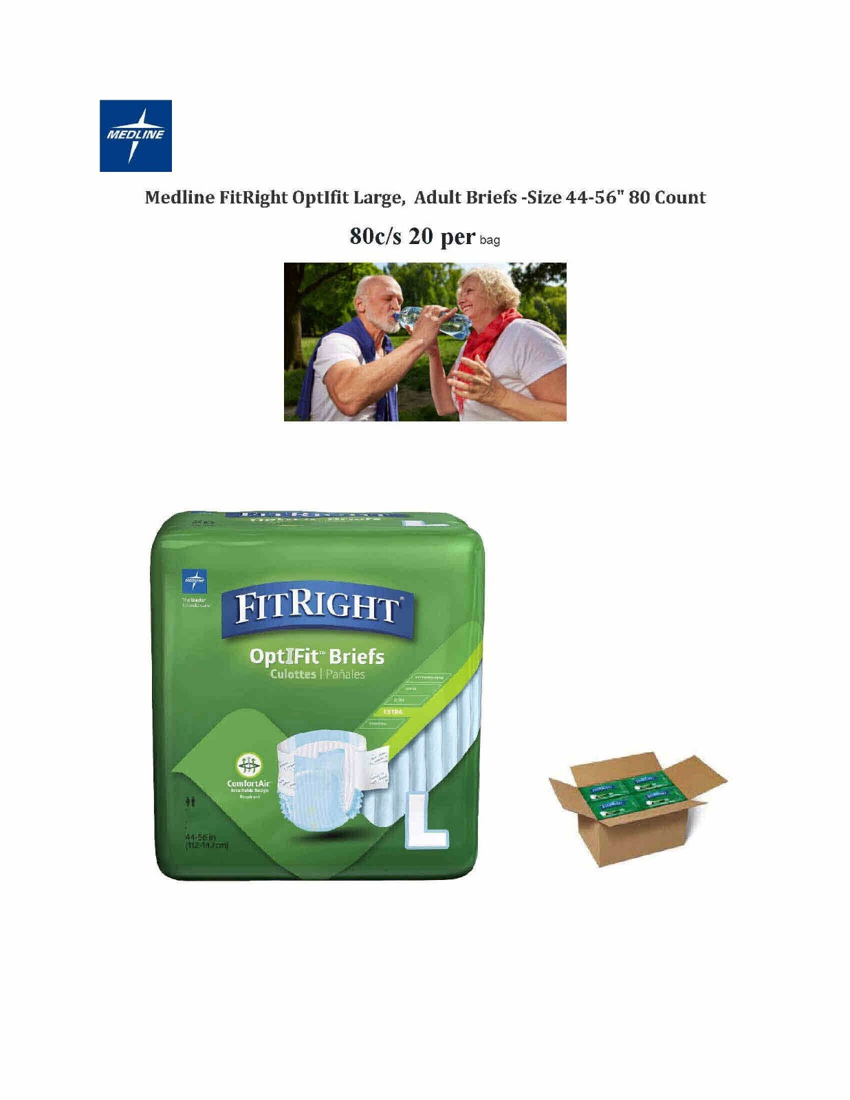 Medline FitRight Large, Extra Adult Briefs -Size 44-56″ 80 Count FITEXTRALG
