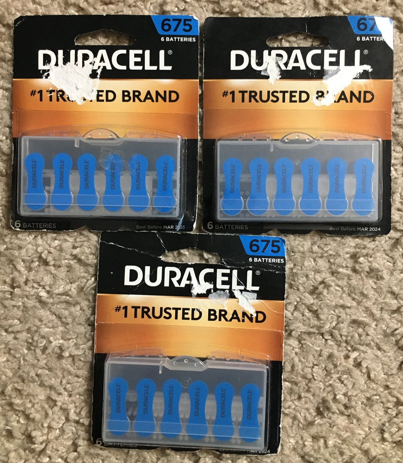3X Duracell Size 675 Hearing Aid Batteries, 6 pack, Zinc Air, 1.45 V EXP 03/2024