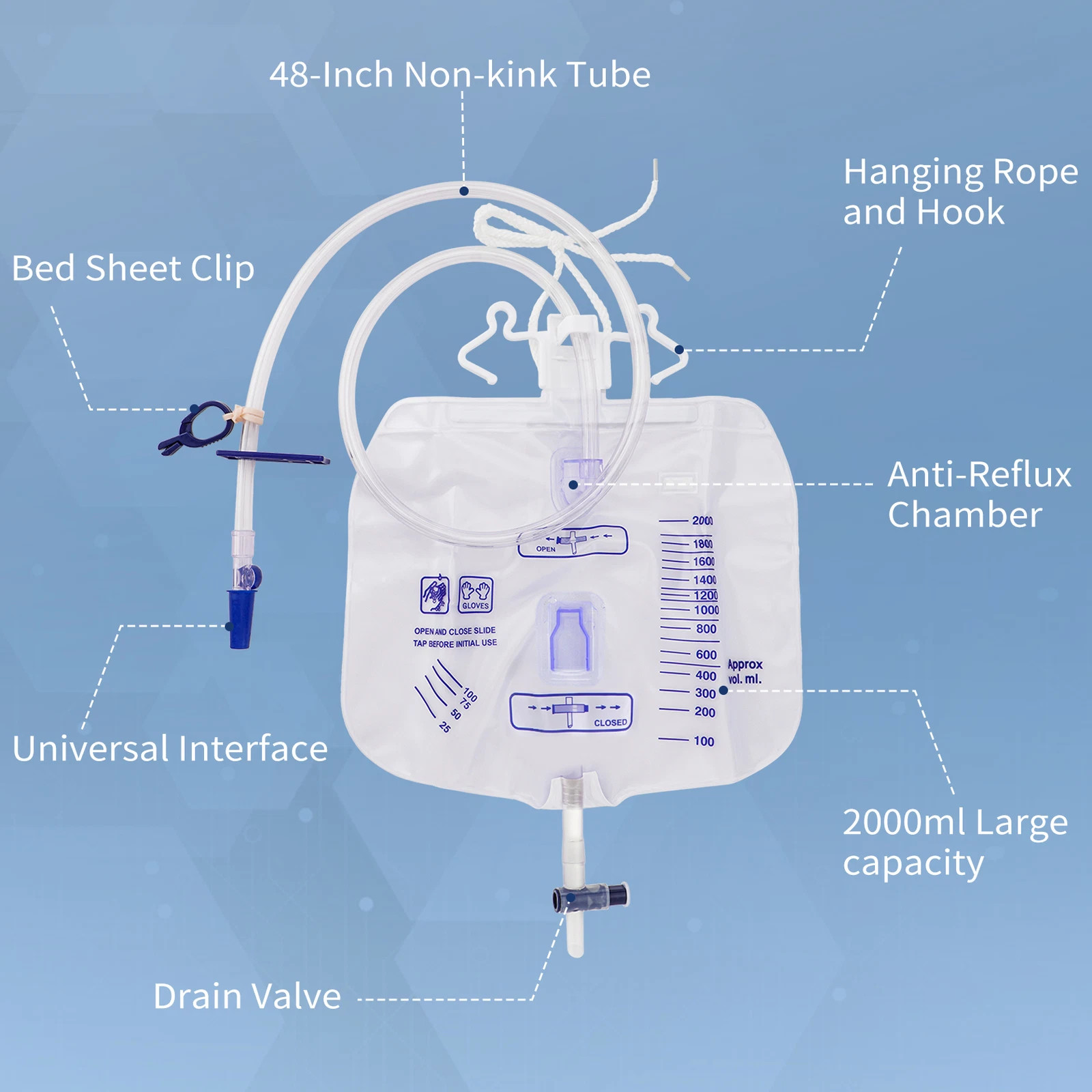 10Pcs 2000mL Urinary Drainage Bag with Anti-Reflux Chamber Tube Hook New