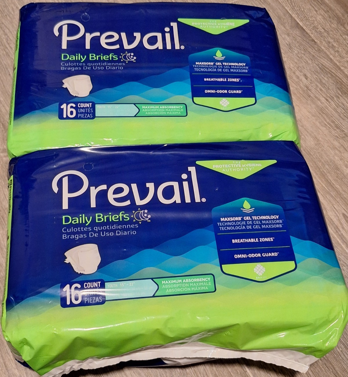 2 PACK Prevail Daily Briefs Maximum Absorbency Youth 15”-22” 16ct (32ct total)