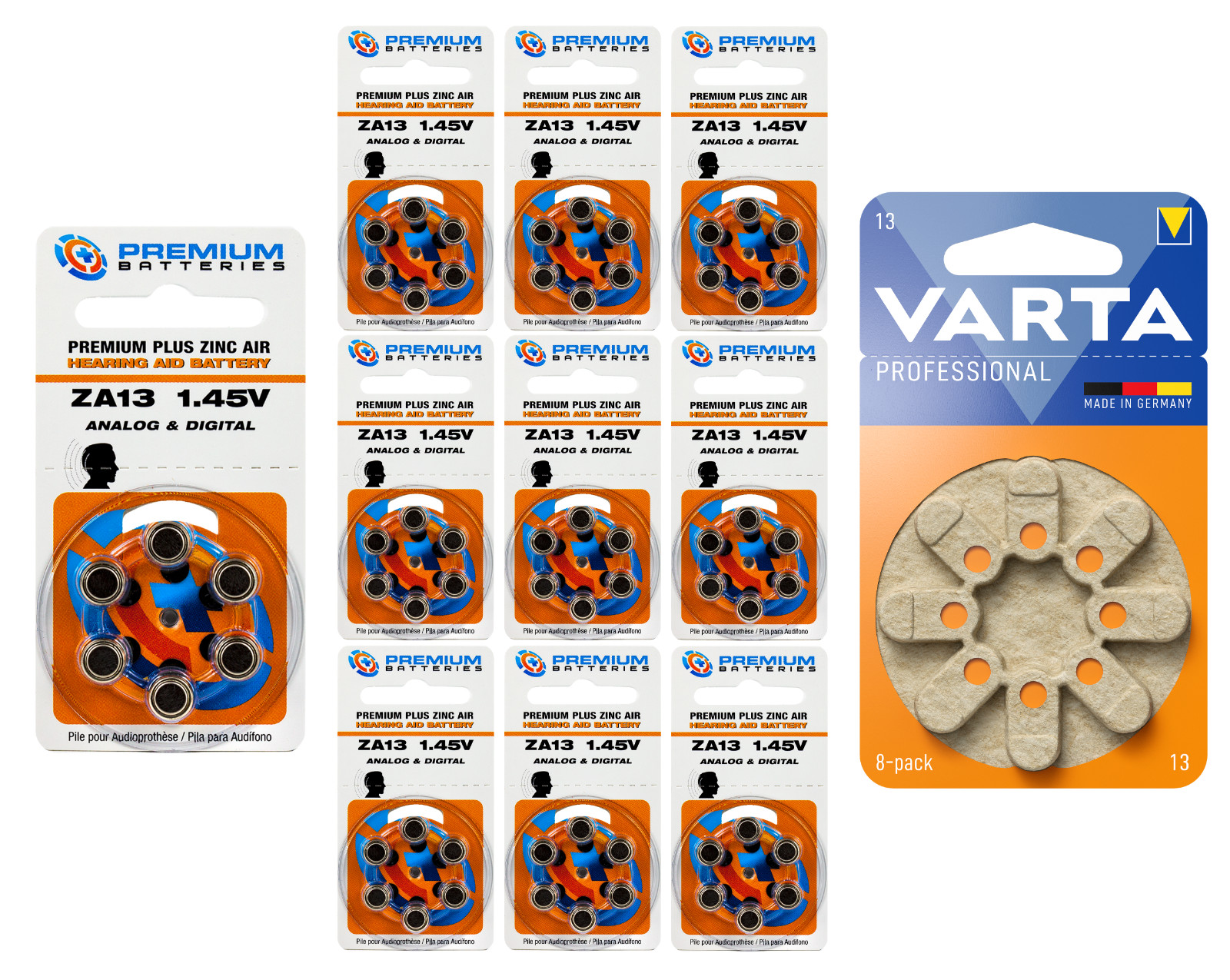 Premium Size 13 ZA13 1.45V Hearing Aid (60 Batteries) + Bonus Varta 8 Pack