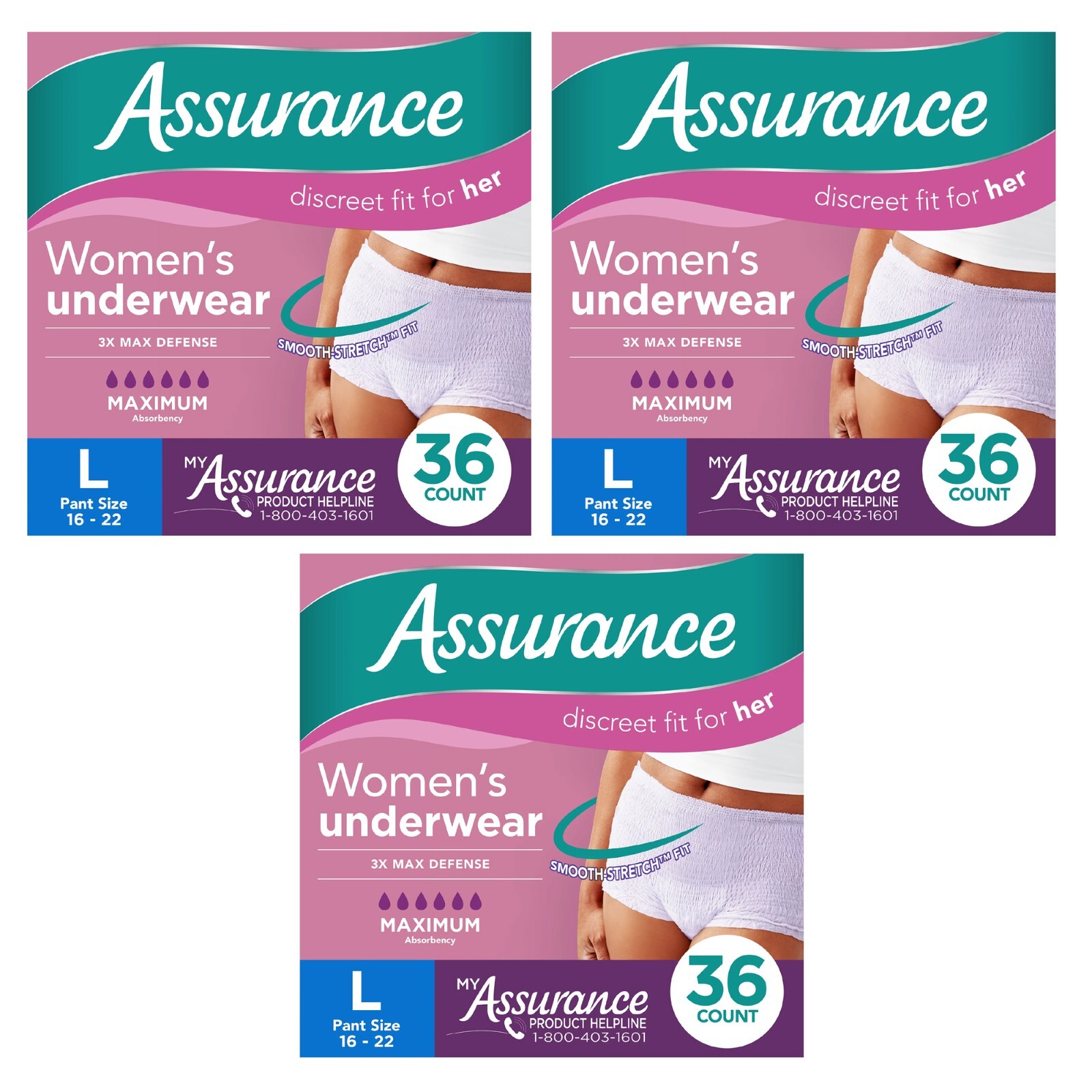 108 Count (3x 36) Assurance Incontinence Underwear Women Max Size L Pants 16-22