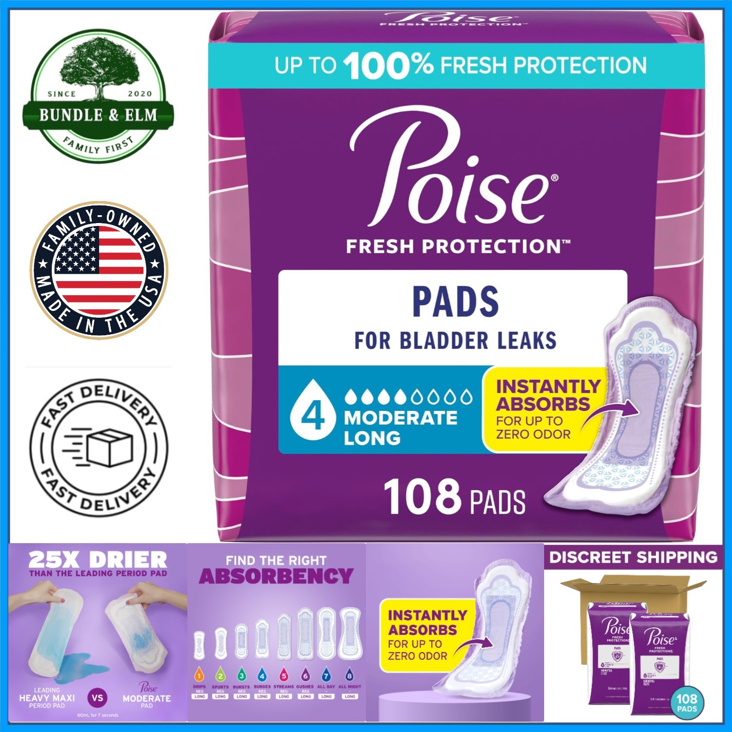 Incontinence Pads for Bladder Leaks, 108 Count, Long Length, Moderate Absorbency