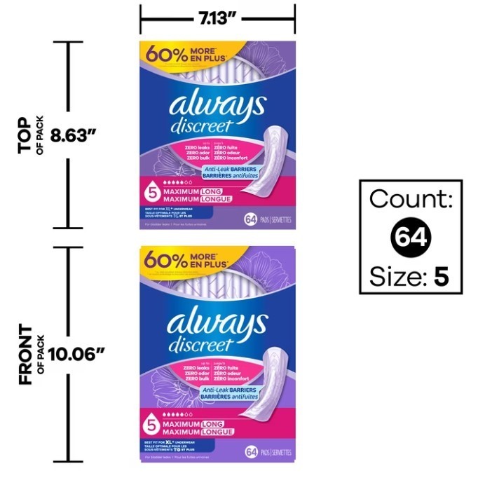 Always Discreet Maximum Absorbency Long Pads 64 Ct Bladder Protection, Sale
