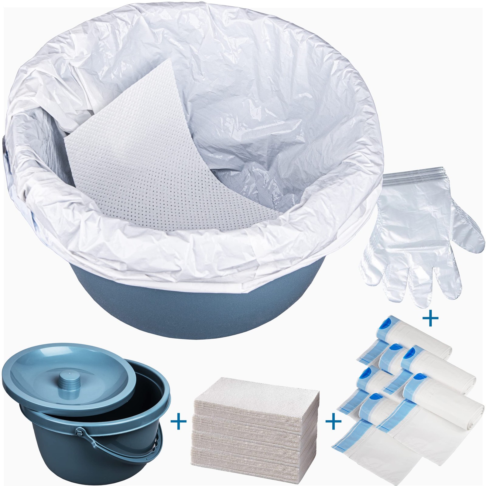 Commode Bucket with 30 Liners & 30 Pads – Universal Fit for Bedside Toilets
