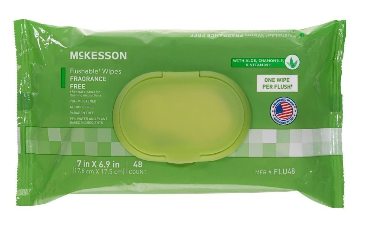 NEW McKesson Flushable Wipes Fragrance Free 7×6.9 in 48Count With Aloe Chamomile