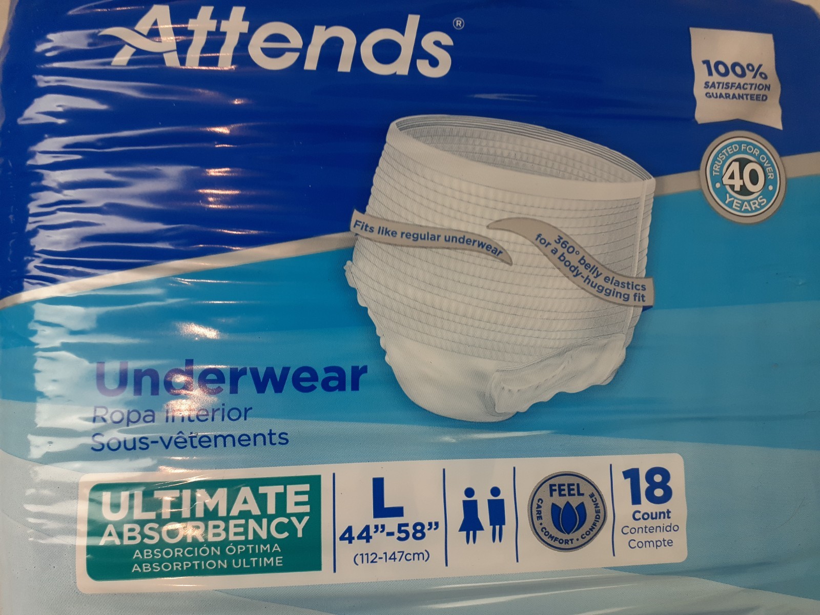 2 Pk Attends Underwear Ultimate Absorbency Large (2×18) 36 Count 44″-58″ APP0730