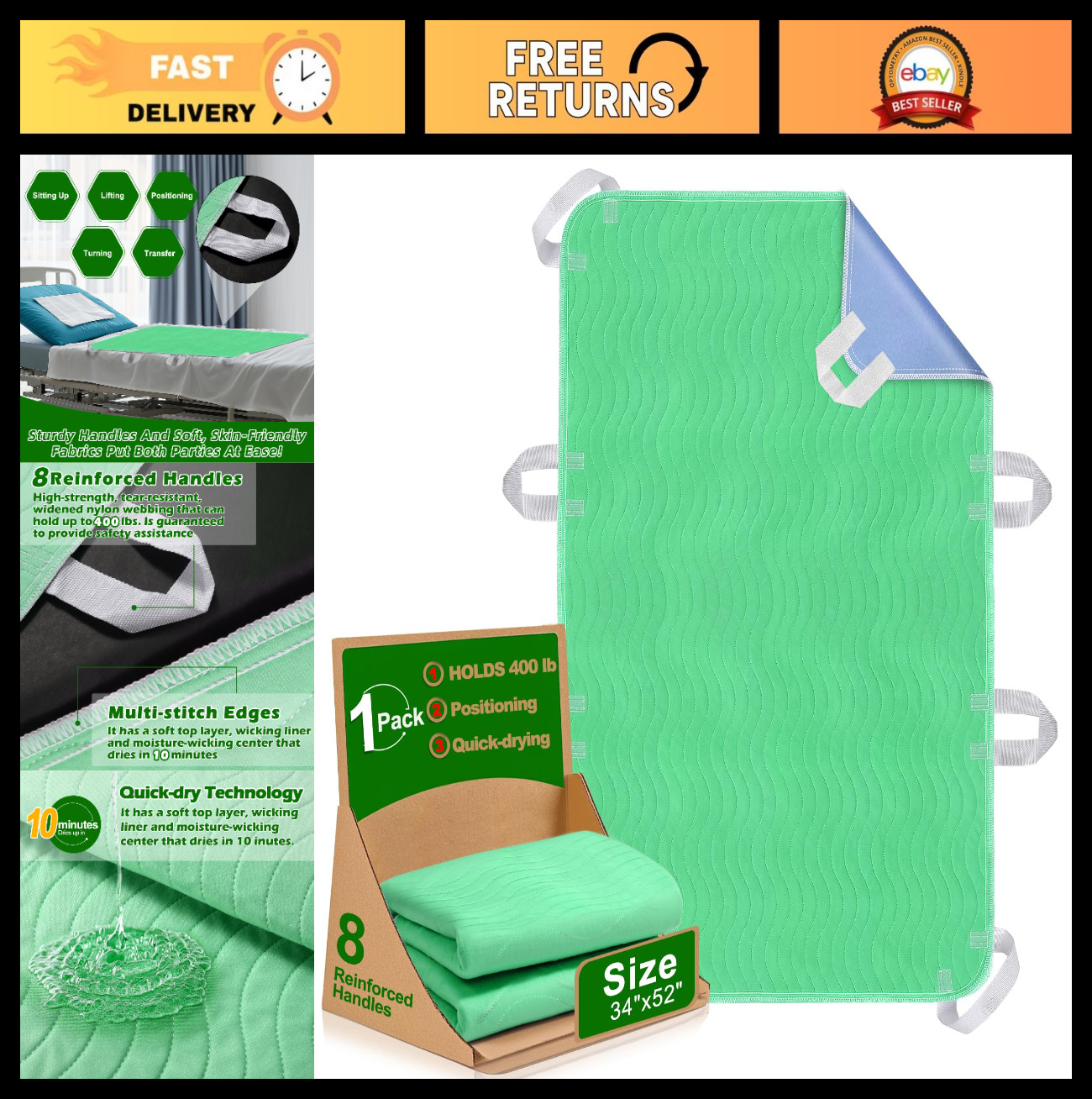 Washable Waterproof Bed Pad with 8 Handles – Quick Drying, Reusable for Elderly