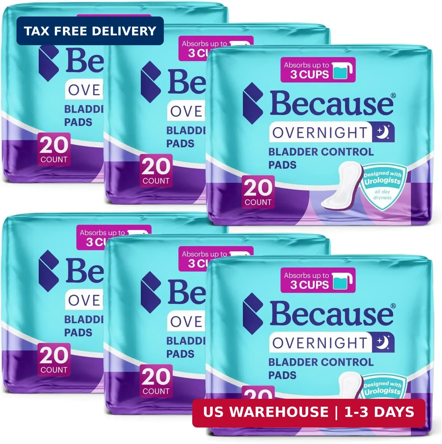 Because Overnight Incontinence Pads for Women – Moderate-to-Heavy Absorbency for
