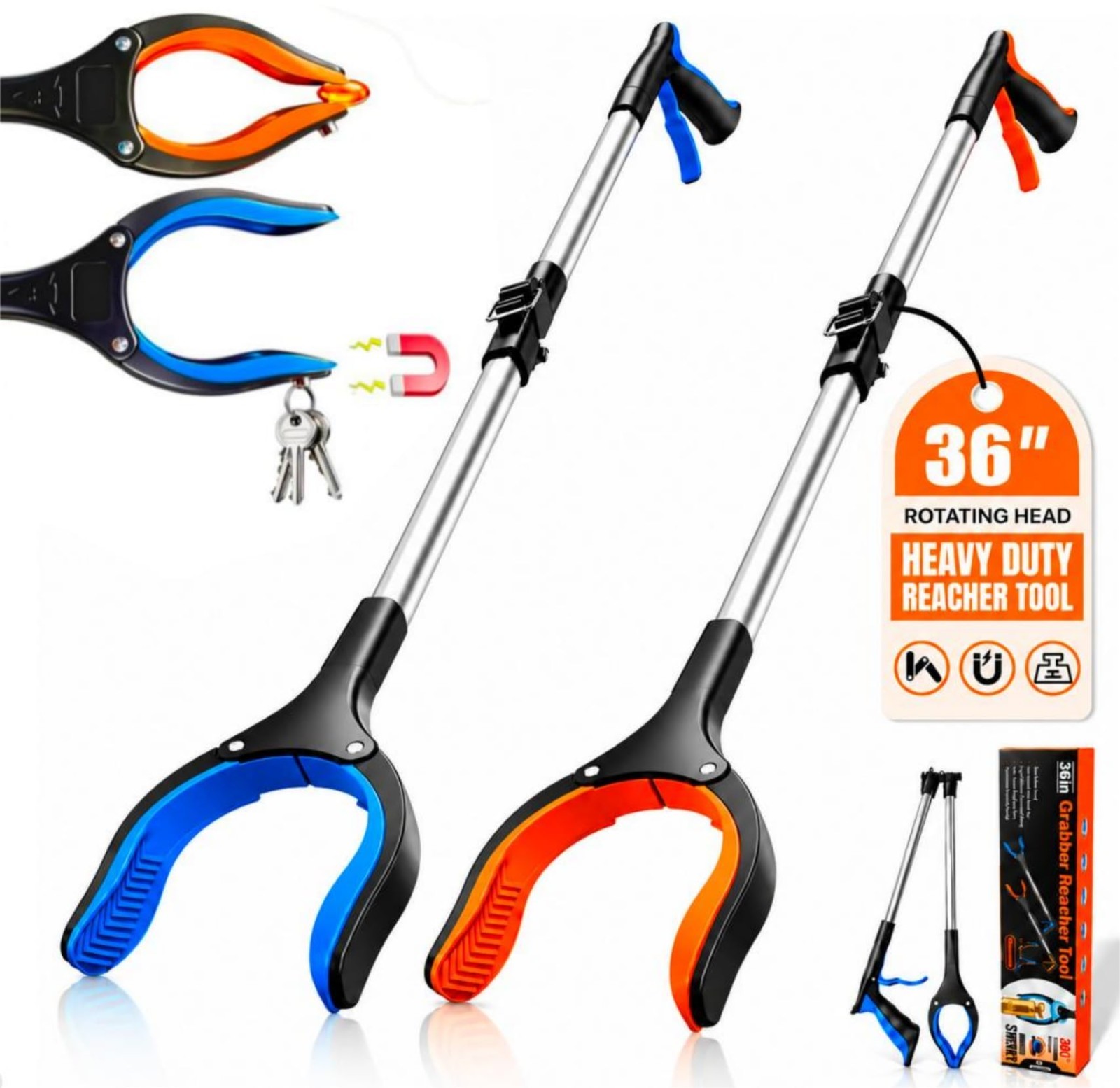 2 Pack 36″ Magnetic Grabber Reacher Tool – Heavy Duty 360° Claw Picker for Senio