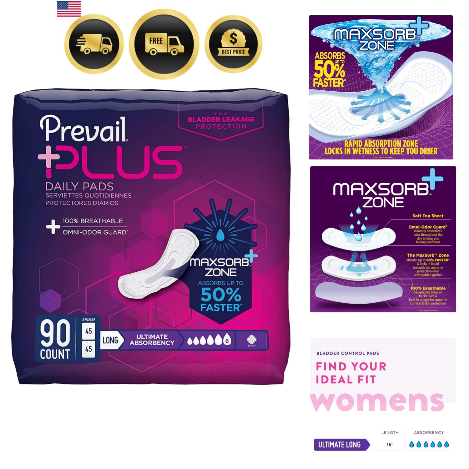 Incontinence Pads Long Length Bladder Control Pads 90 Count Adult Women