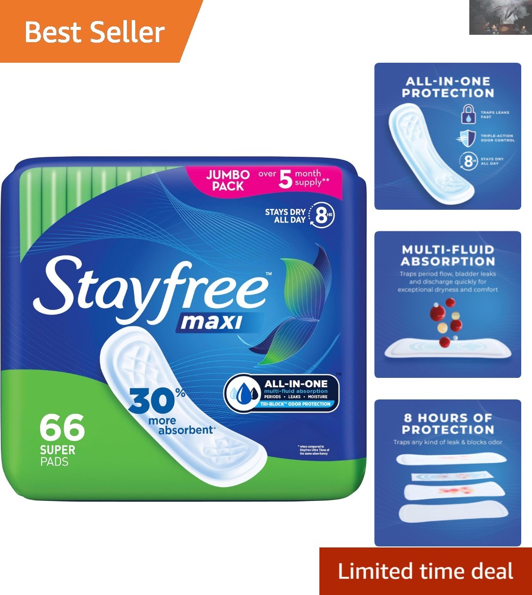 Maxi Super Pads 66 Count – Wingless, Tri-Block Odor Control for All-day Comfort