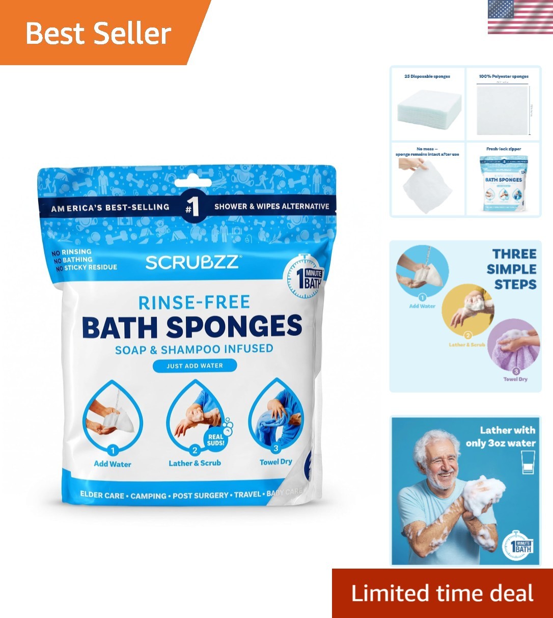 Feather Light Rinse-Free Bathing Wipes – 25 Individually Packaged for Freshness