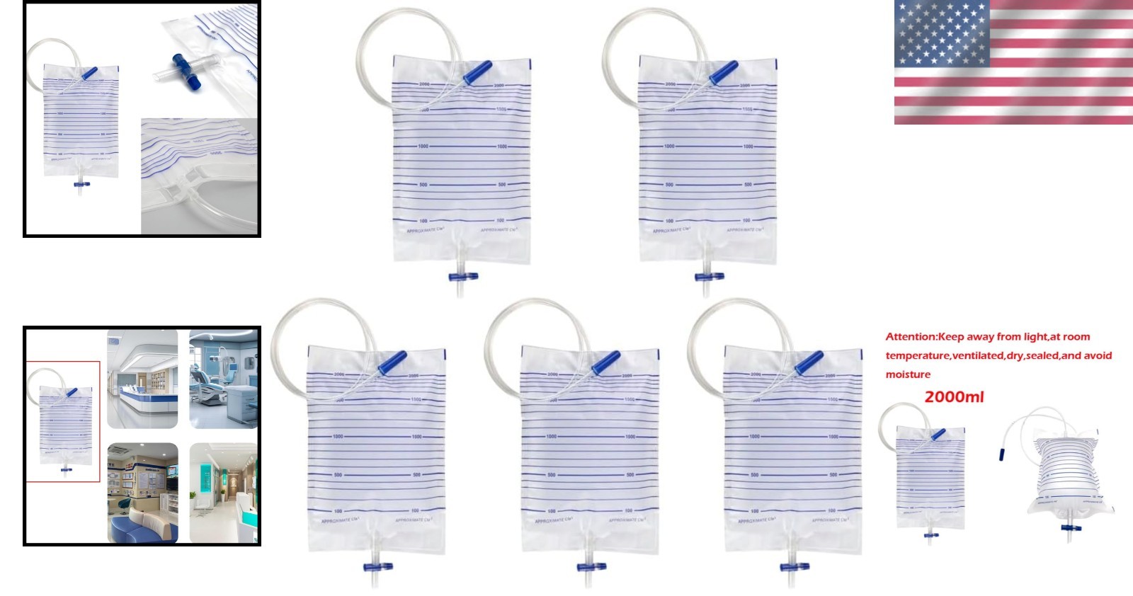 2000Ml Catheter Bags for Men and Women 5 Pack Professional Urinary Drainage Bags