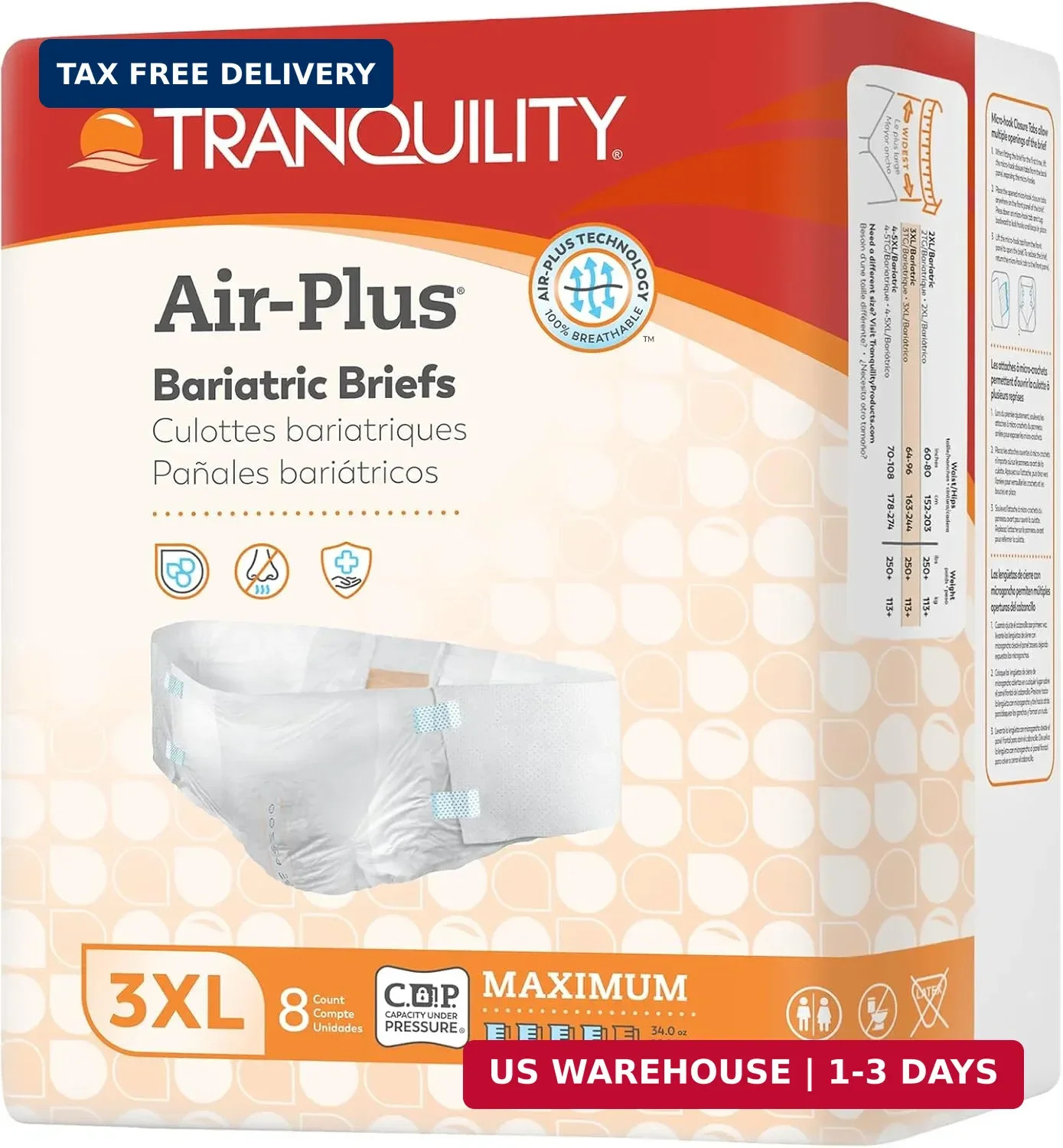 Tranquility Bariatric Disposable Briefs 3X-Large with Peach Mat Core for Dry Ski