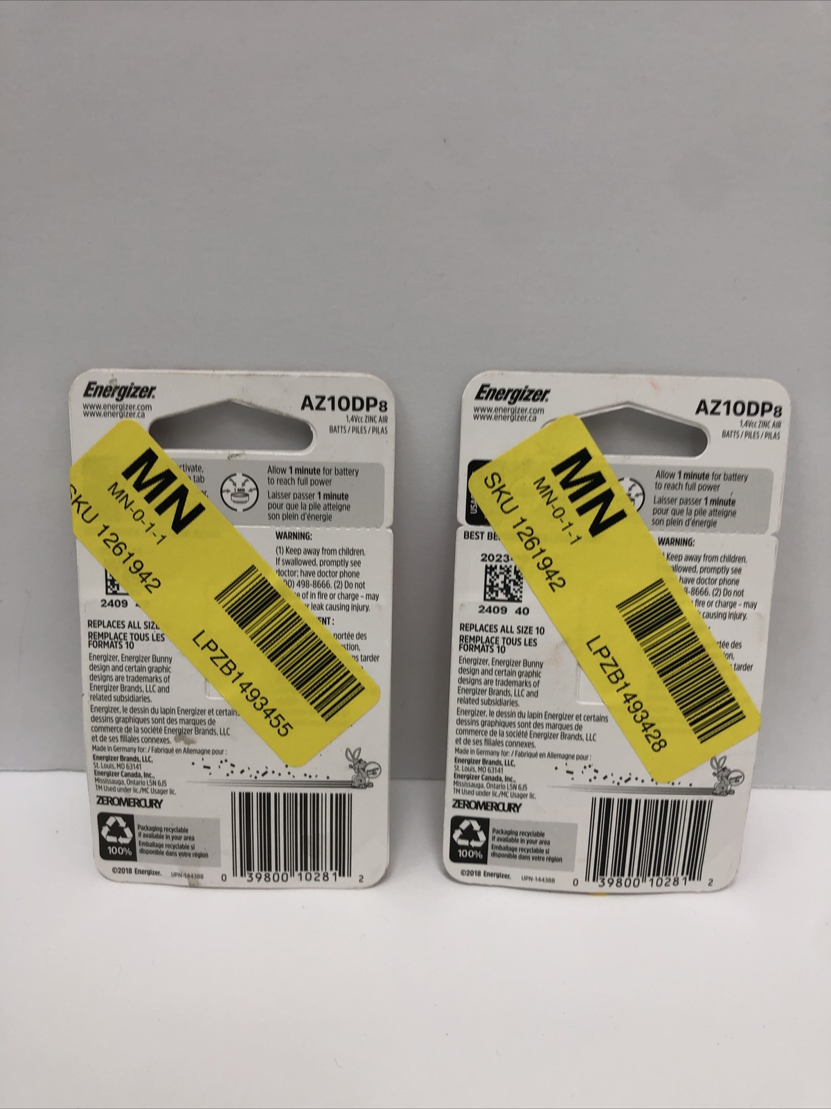 Energizer Hearing Aid Batteries Size 10, 8 Pack, Yellow Tab(G-31)- Lot Of 2