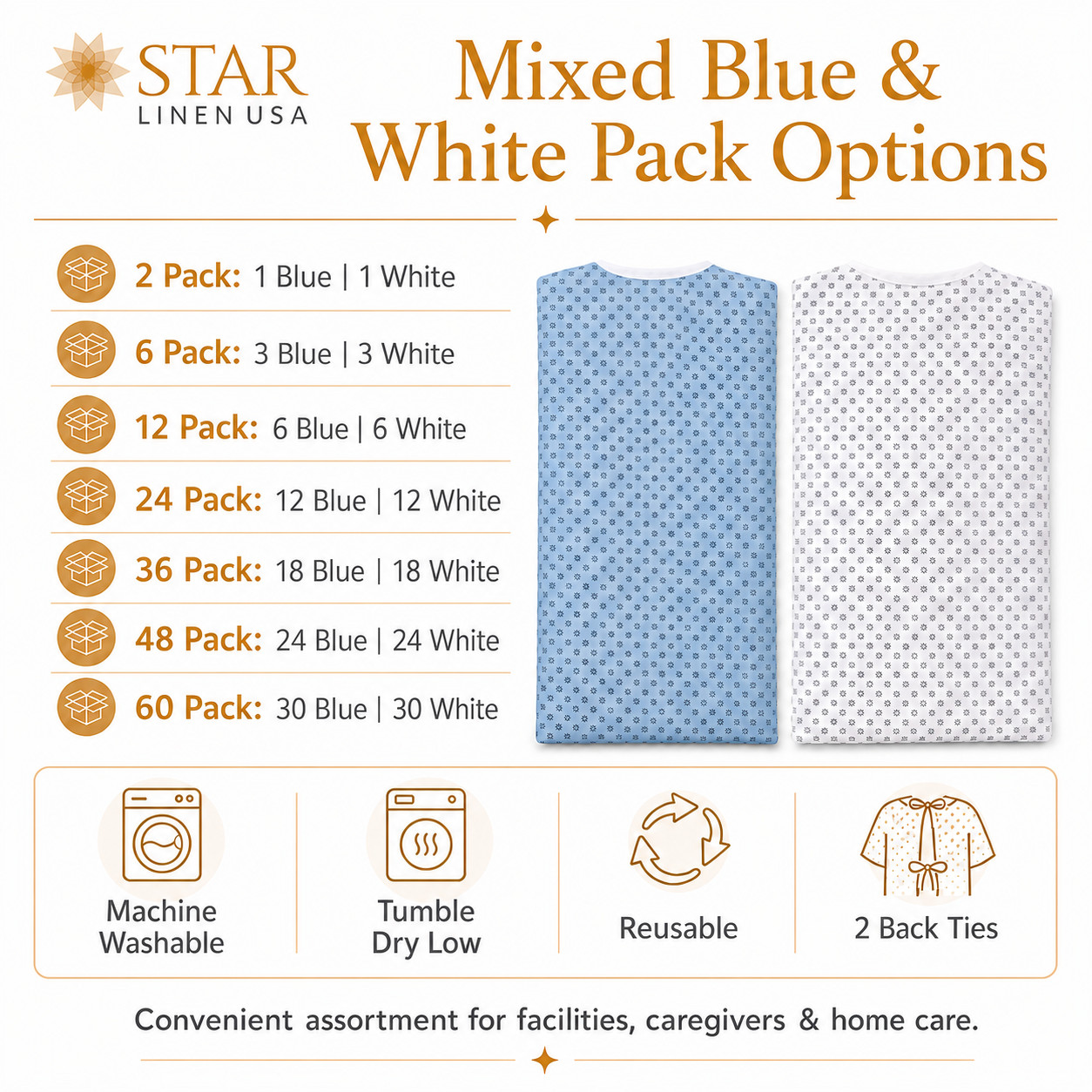Hospital Patient Medical Exam Gowns Petite | Back Tie Closures | Blue + White