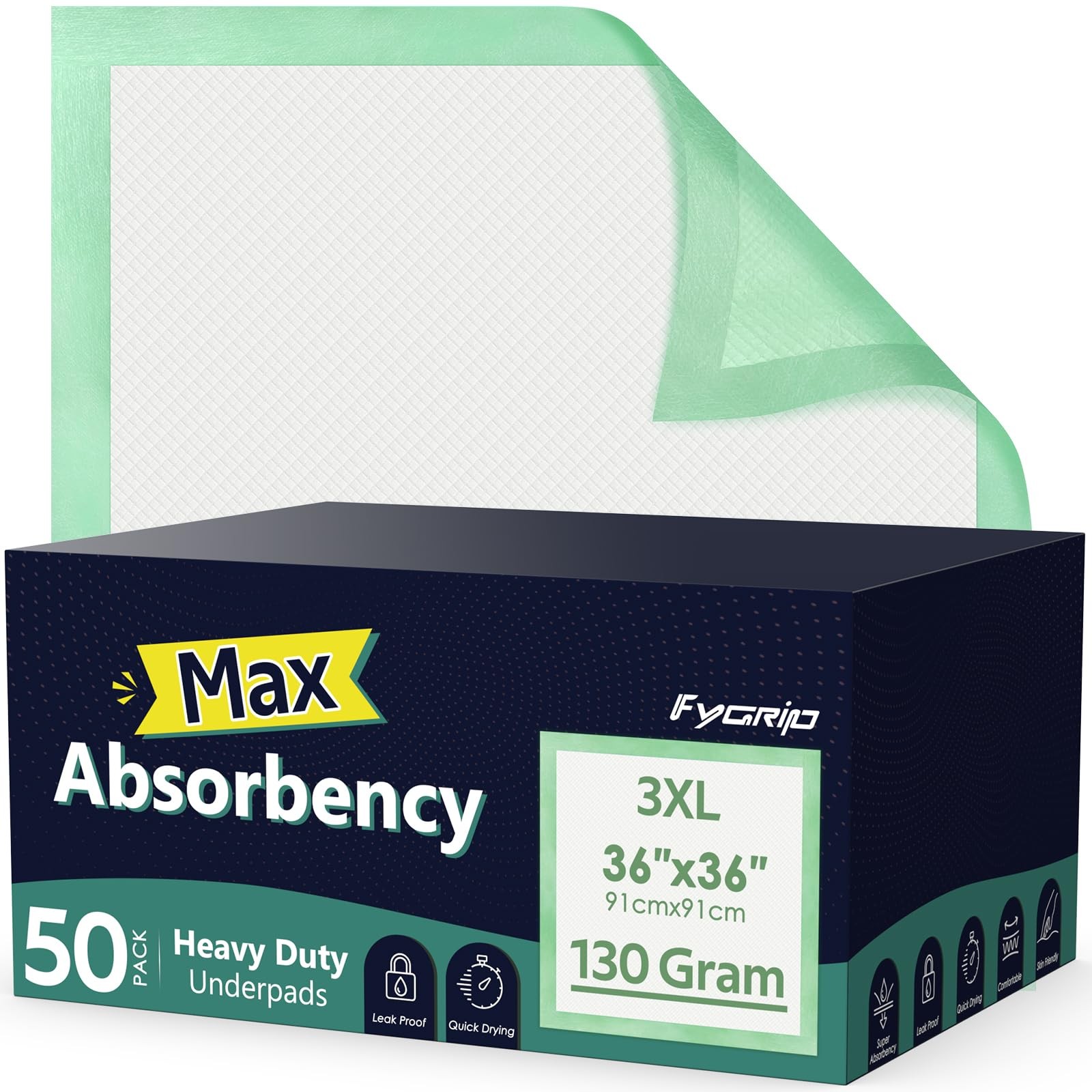 50 Count Hospital Grade 130 Gram 36” x 36” Max Absorbency Disposable Underpad…