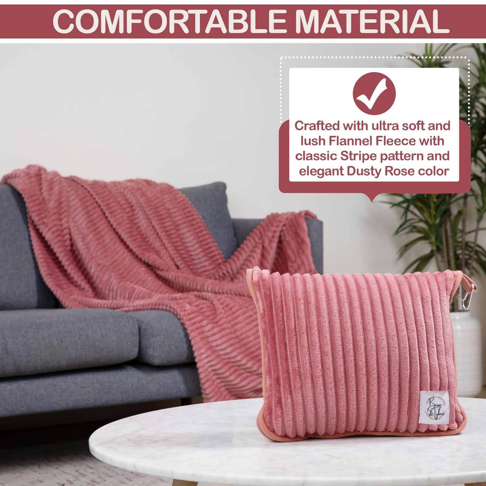 Premium Travel blanket pillow – XL 50″x70″ | 2 in 1 Full XL, Dusty Rose