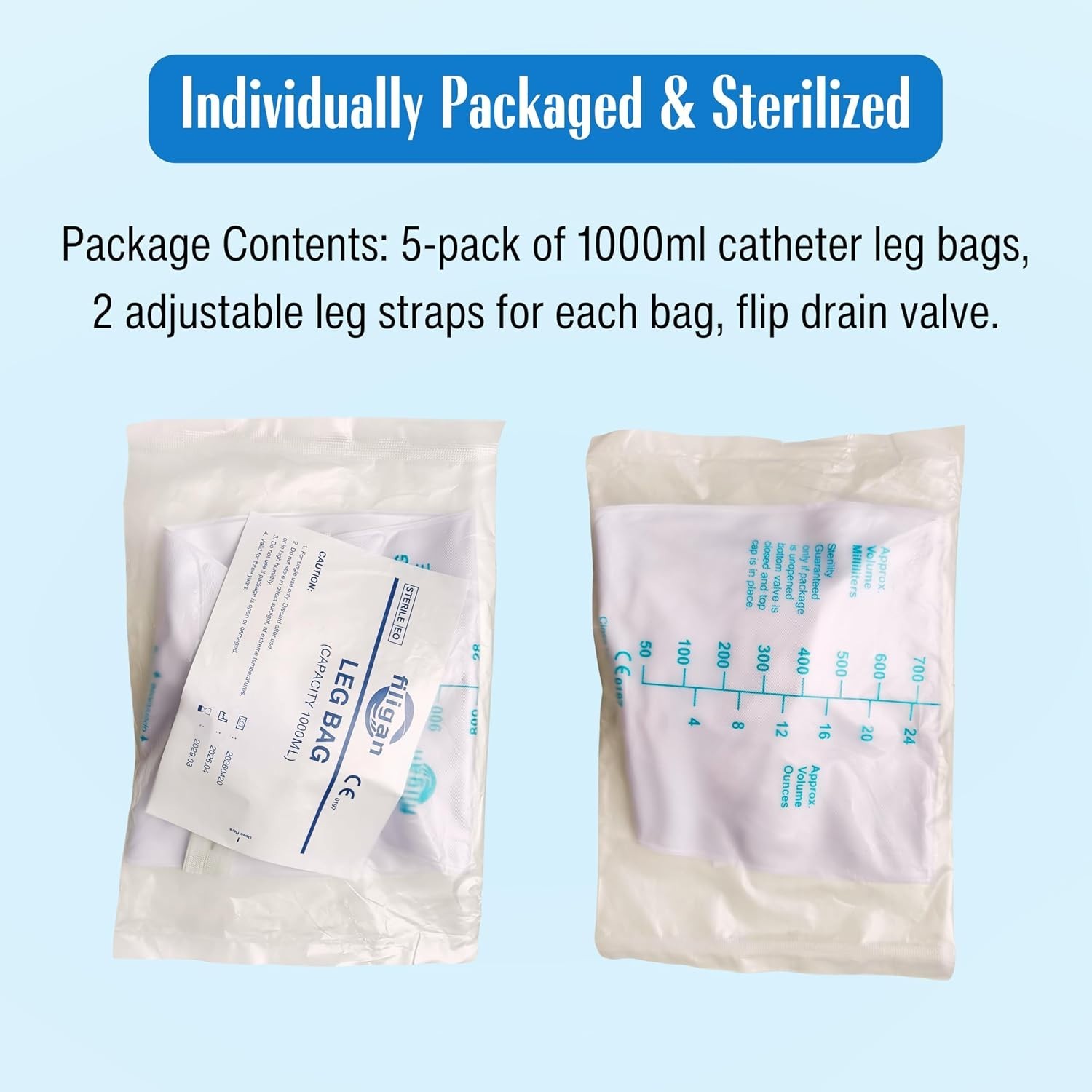 5 Pack 1000mL Catheter Leg Bags Anti-Reflux Valve Sterile Latex Free 32 oz