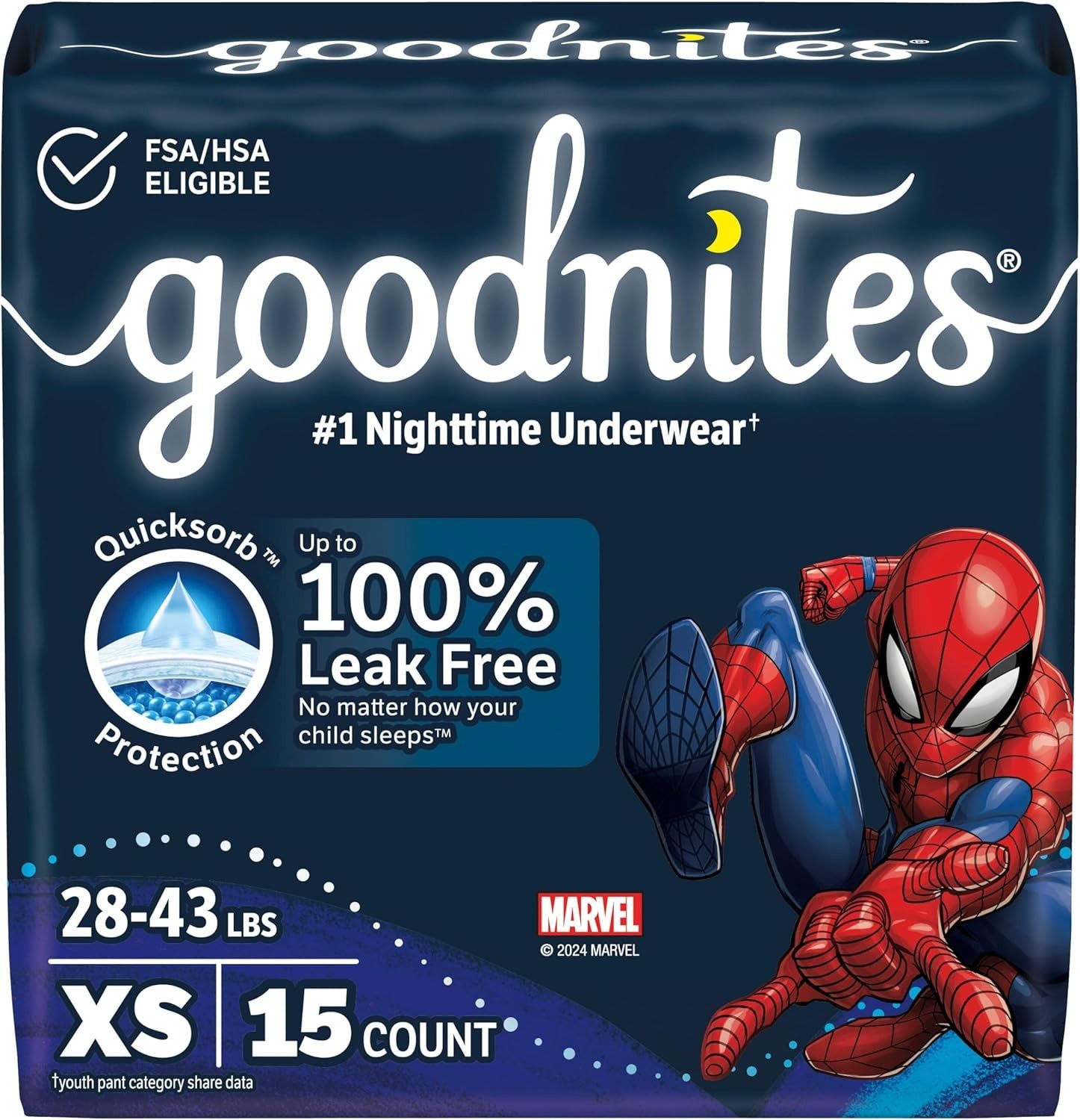 Goodnites Boys’ Nighttime Underwear, XS (28-43 lbs), 15 Ct, Packaging Varies