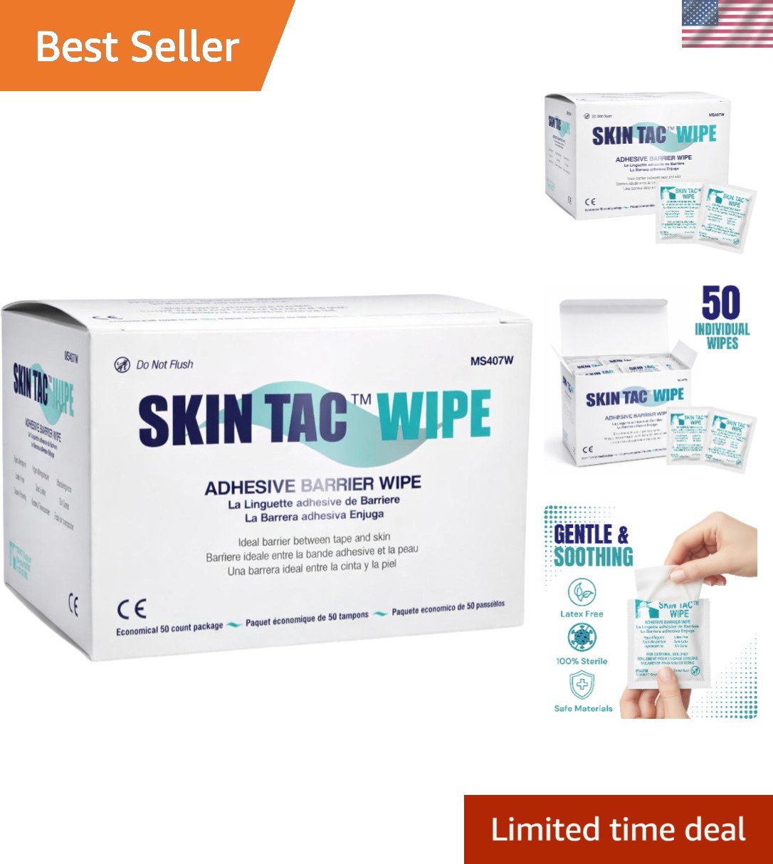 Gentle Skin-Tac Adhesive Wipes 50 Count for Sensitive Skin – Travel-Friendly