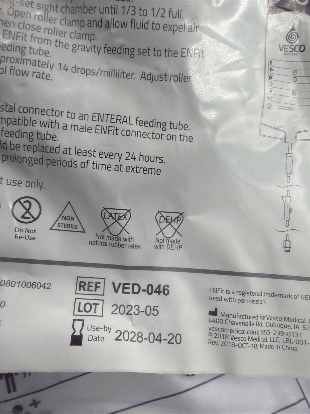 Lot of 2 Vesco Medical 1000mL PVC Bag Gravity Feed Set with ENFit VED-046