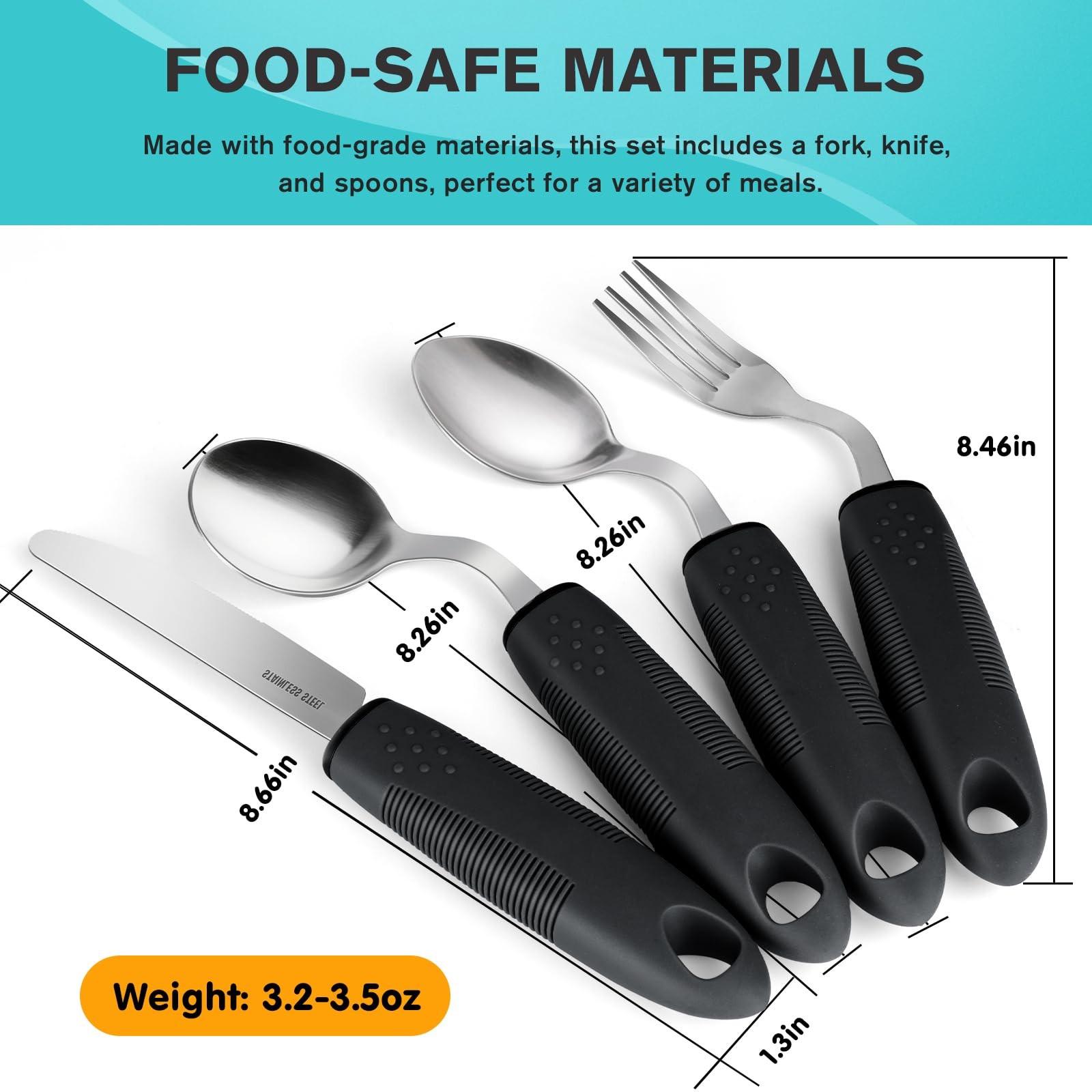 AuntyFey 4Pcs Weighted Adaptive Utensils, 45°Angled Parkinsons Utensils Black