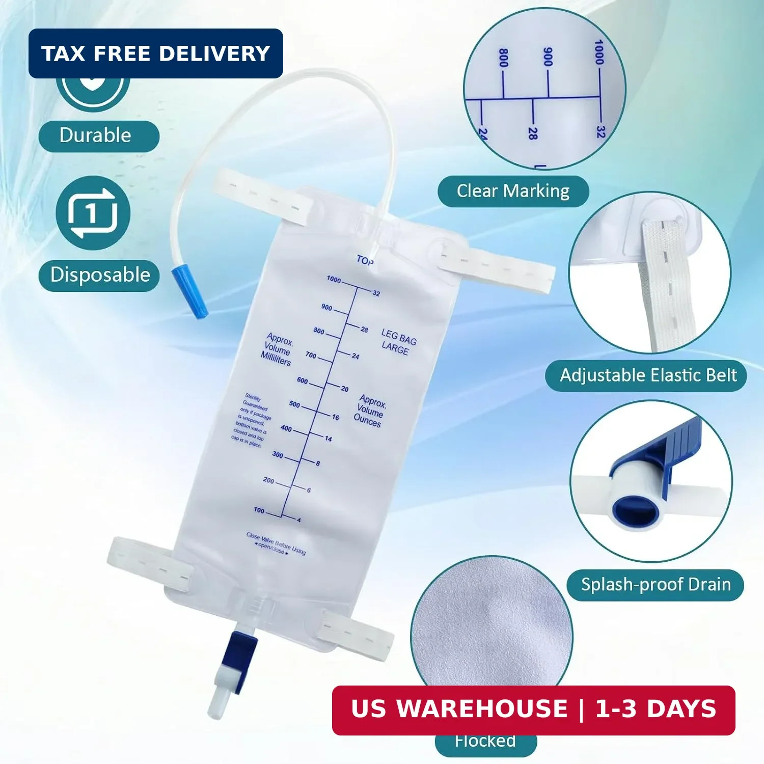 Catheter Leg Bag, 1000ml Urinary Drainage, Summer, 6-Pack | Breathable fabric co