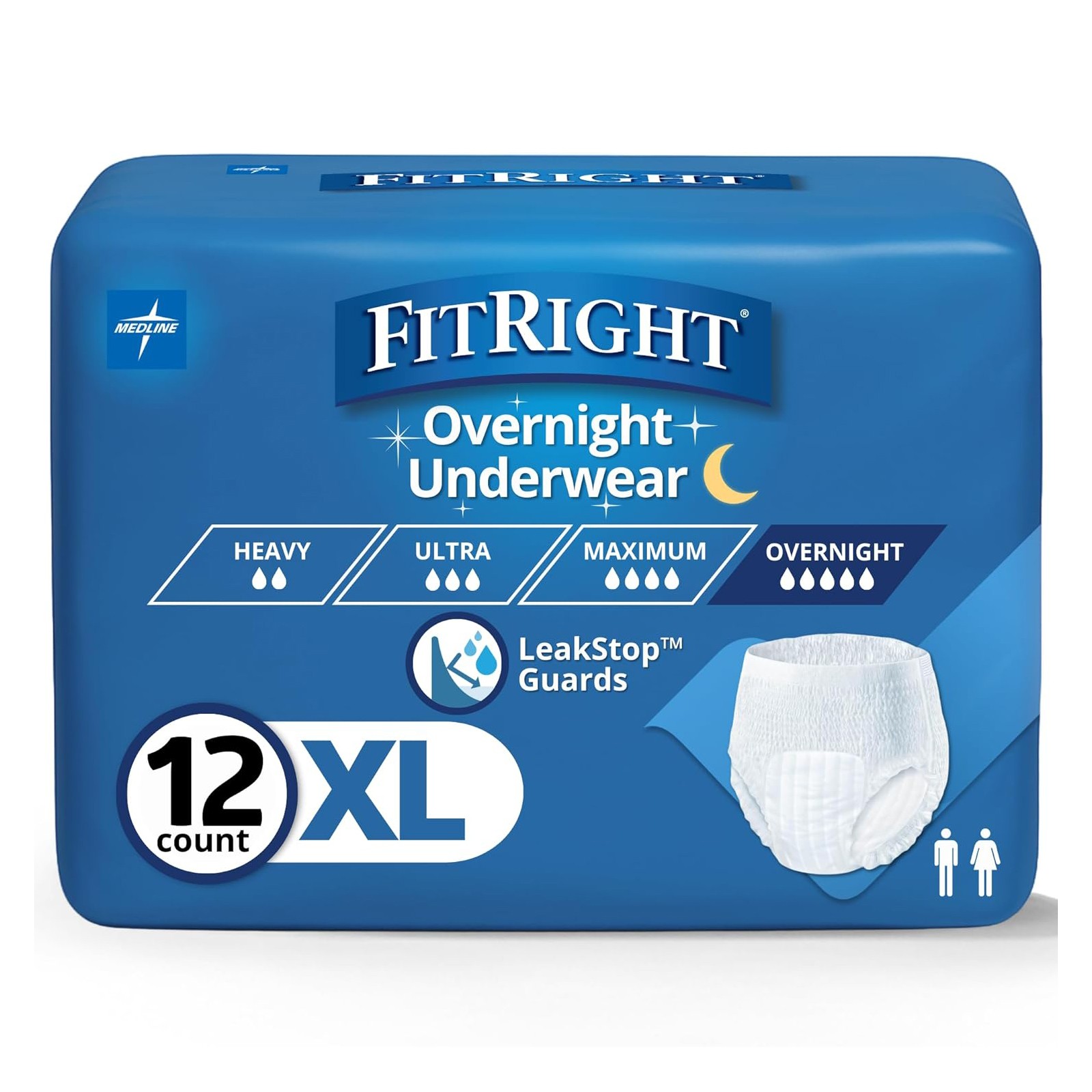 FitRight Overnight Unisex Extra Large Underwear, Odor Control, XL, 12 Count