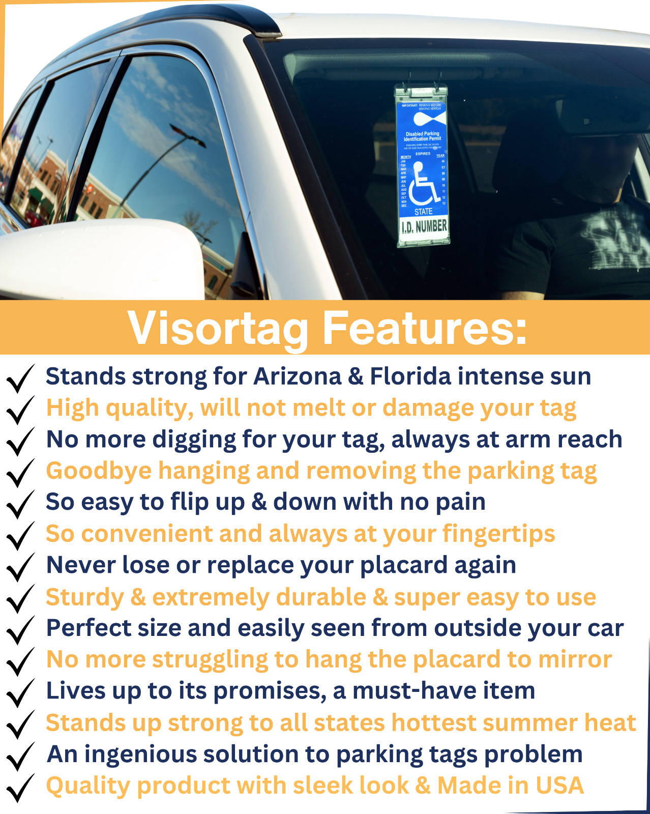 Visortag® Vertical- Sturdy Handicapped Placard Holder & Protector- Easy ON & OFF