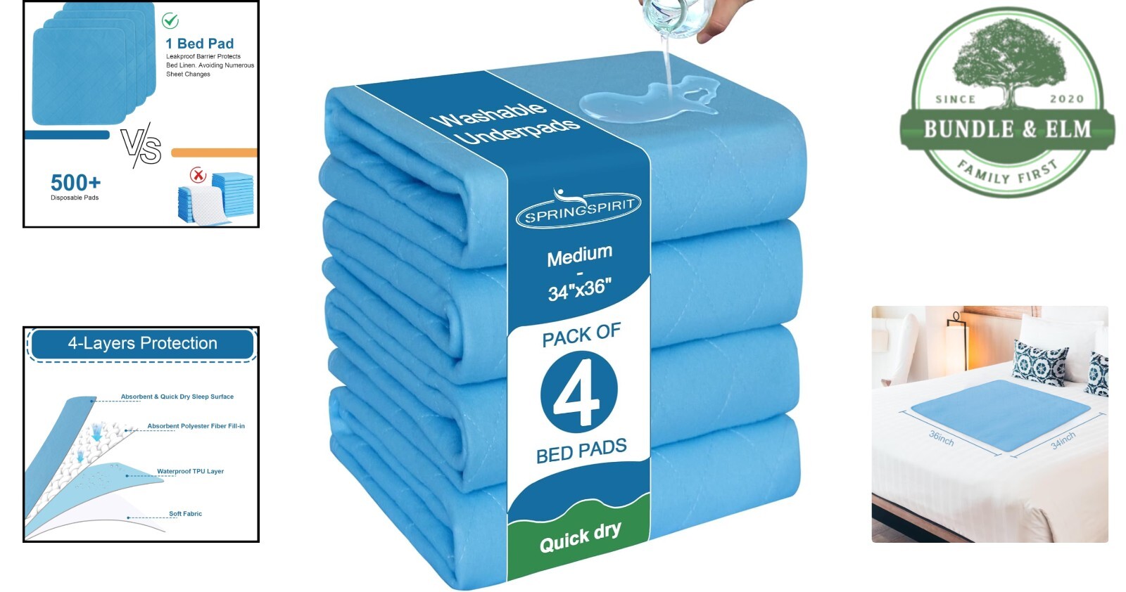 Washable Waterproof Bed Pads 34x36in Pack of 4 Reusable Incontinence Underpads