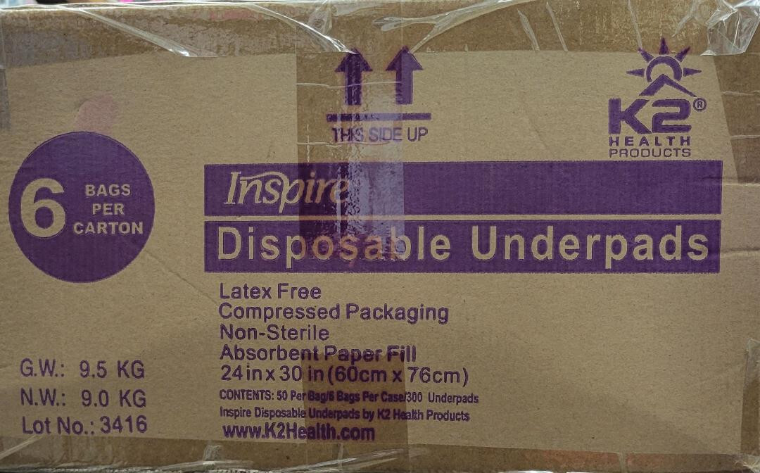 Inspire K2 Disposable Latex Free Underpads 24”x30” 6 Bags Of 50/300 Total CH243