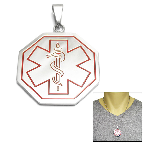 Stainless Steel Octagon Caduceus Medical Pendant w/ Necklace- Free Engraving