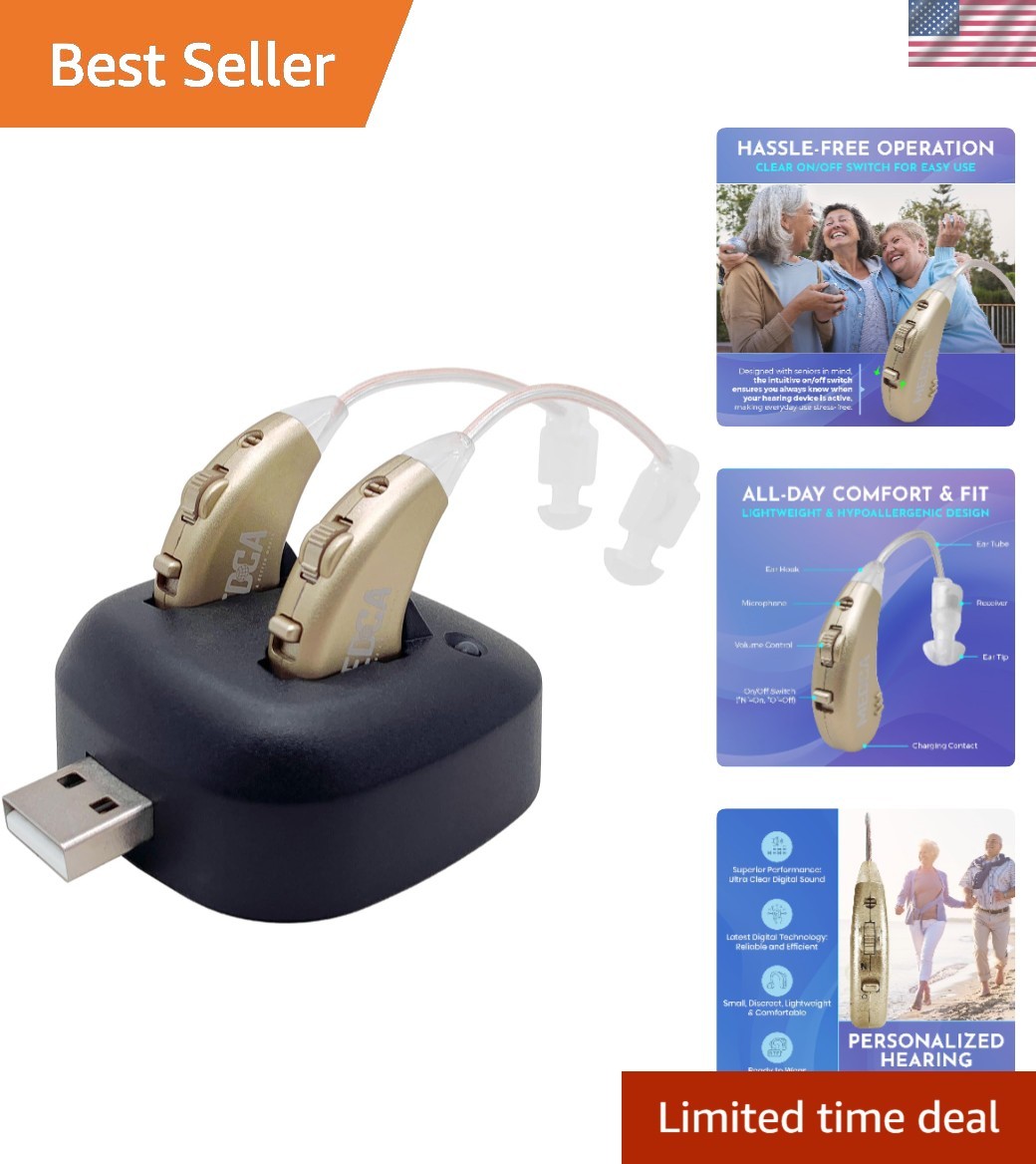 Gold Rechargeable BTE Hearing Amplifiers with USB Dock – Crystal Clear Sound