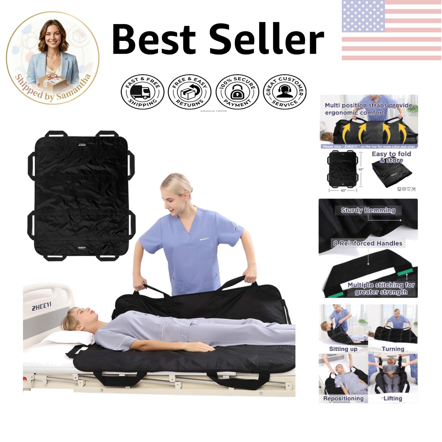 Innovative Patient Transfer Blanket 48″ x 40″ – Reinforced Handles & Waterproof