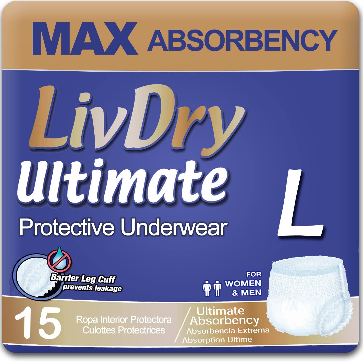 LivDry Large 15 Count Adult Incontinence Protective Underwear Super Absorbent