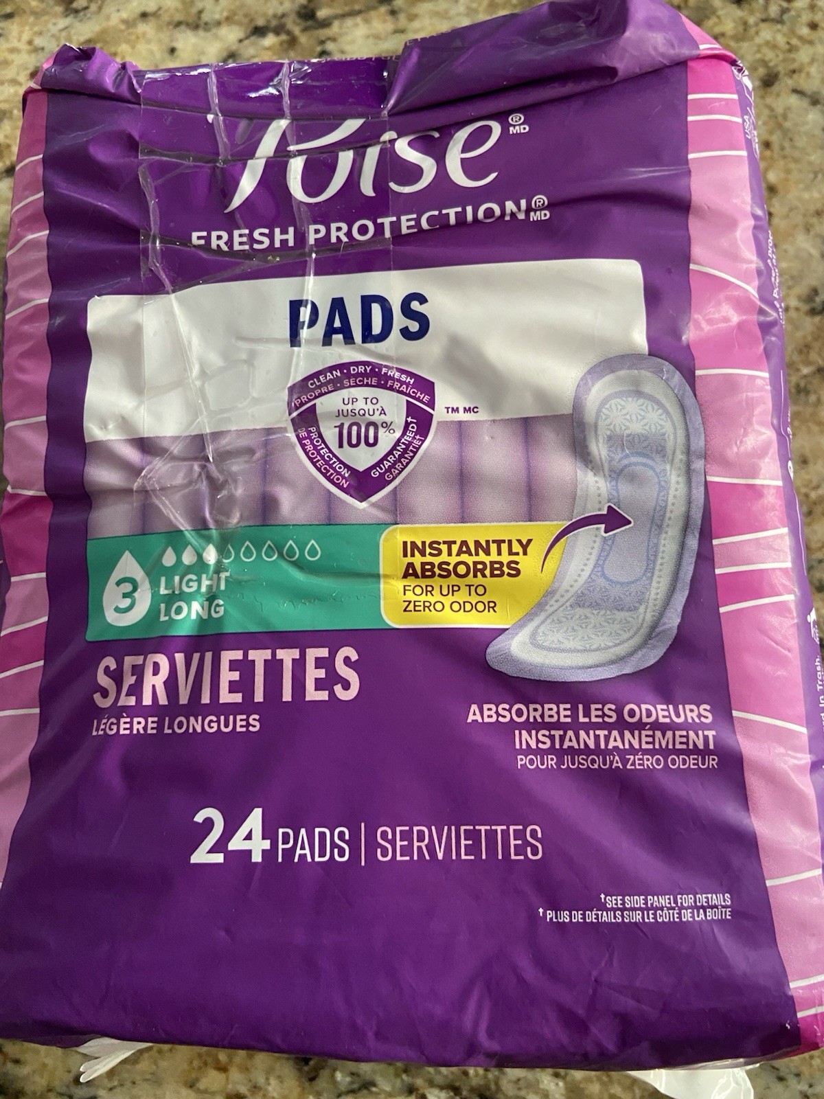 Poise Incontinence Pads Fresh Protection Light Long – 24 Count Opened Wrapped