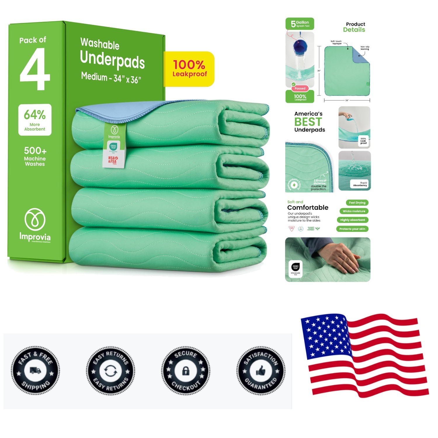 Washable Underpads, 34″ x 36″ Pack of 4 – Heavy Absorbency Reusable Bedwettin…