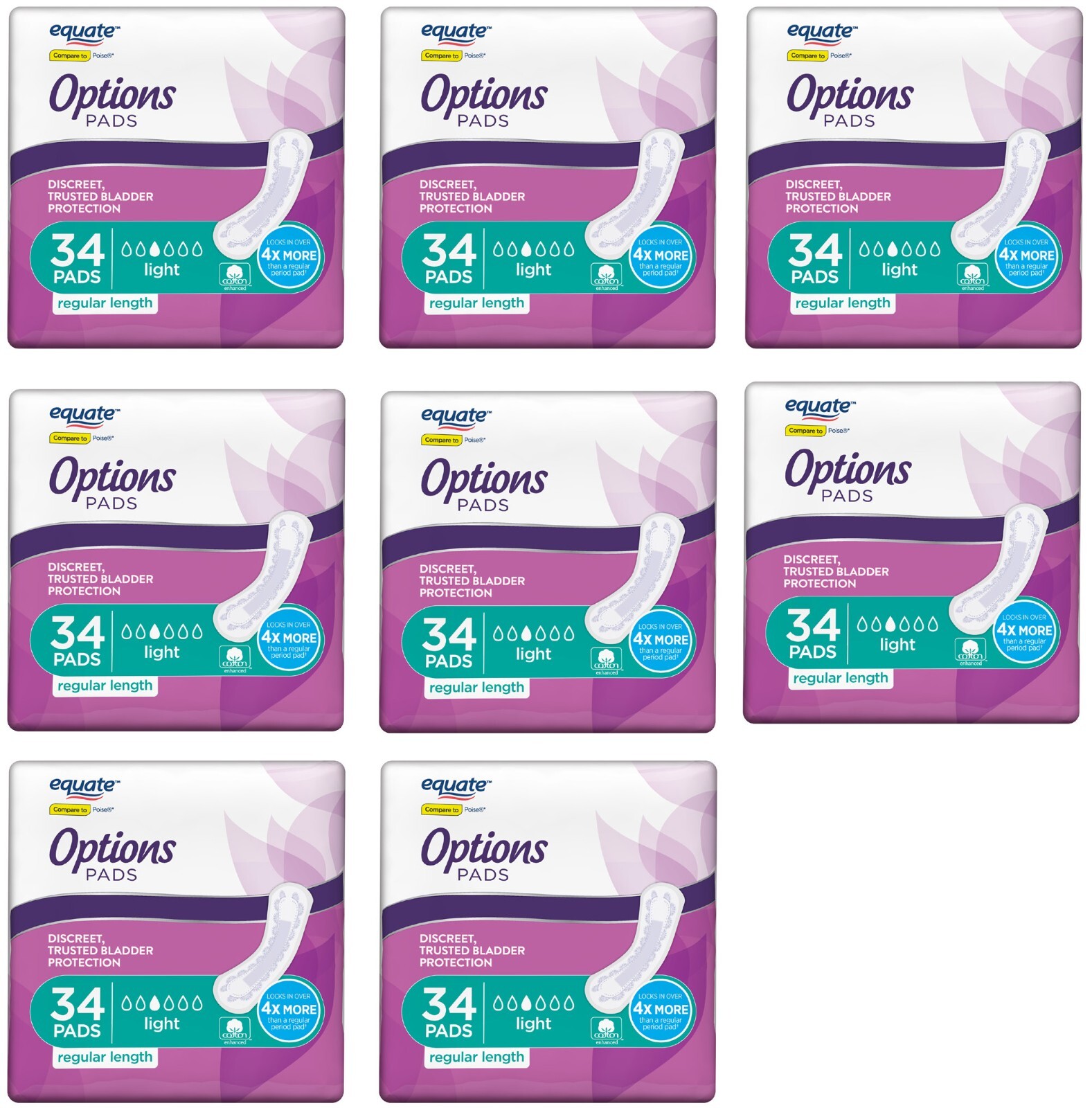 Equate Options Women’s Incontinence Pads Light Regular Unscented 272 Ct (8x 34)