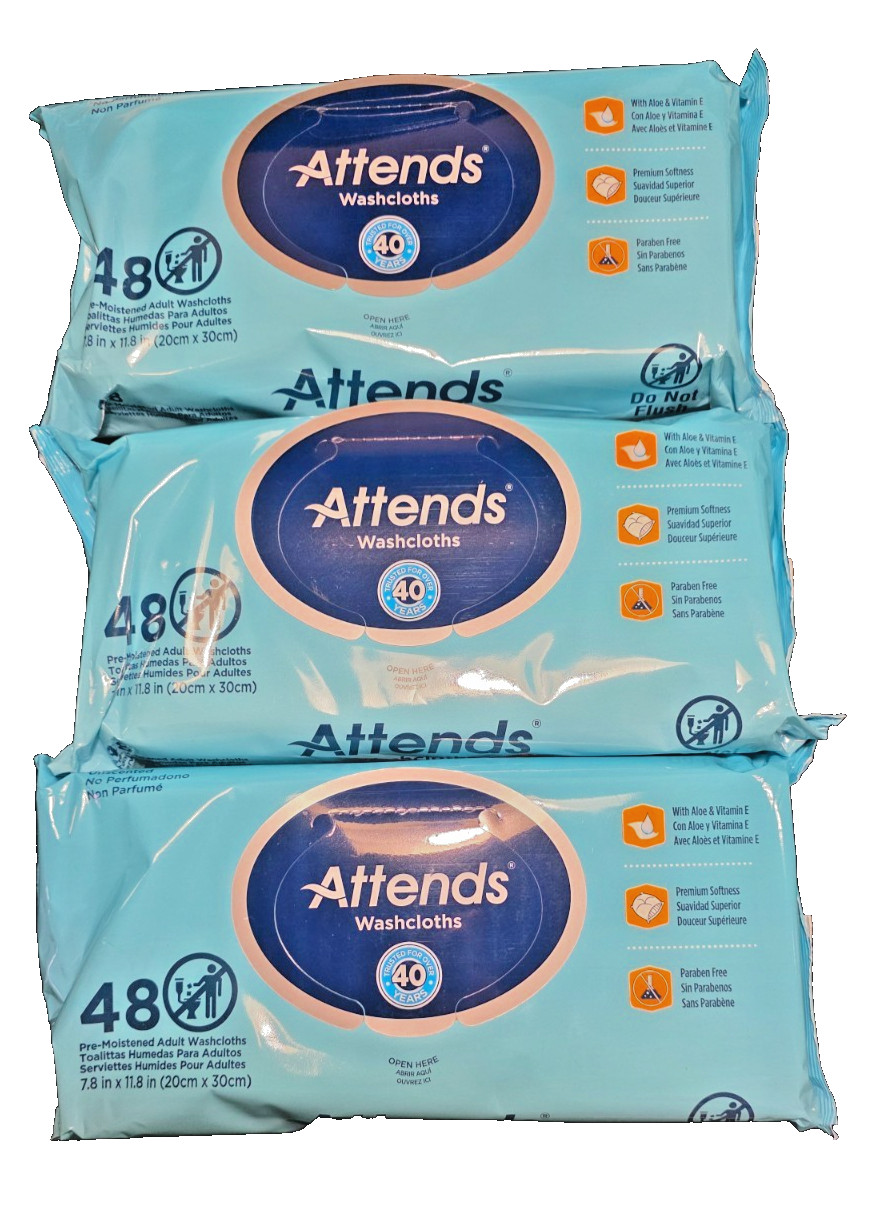 Attends Washcloths Unscented 48 Count 7.8″x11.8″ 3 PACK