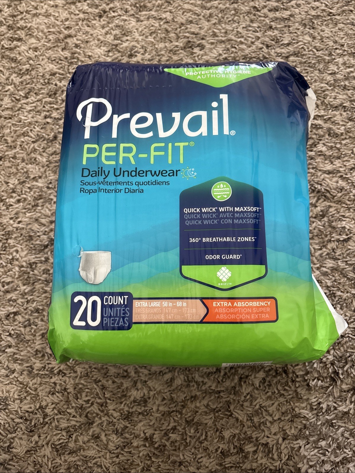 Prevail PER-FIT Daily Underwear Size XL Extra large 58″-68″ 20 count – NEW