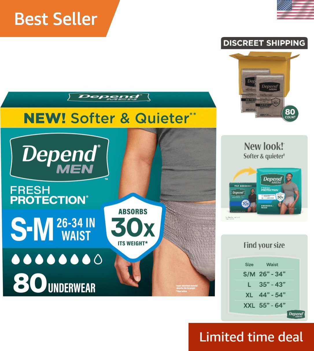 Men’s Disposable Depend Underwear, Soft & Cotton-Like – 80 Count for Daily Use