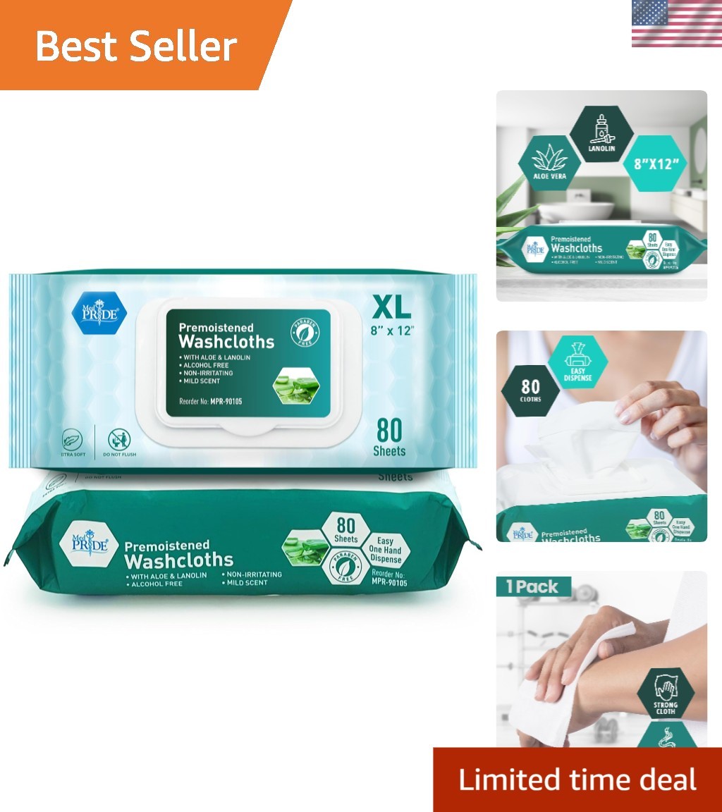 Convenient XL Premoistened Wipes for Adults – 80 Alcohol-Free Cleansing Towels